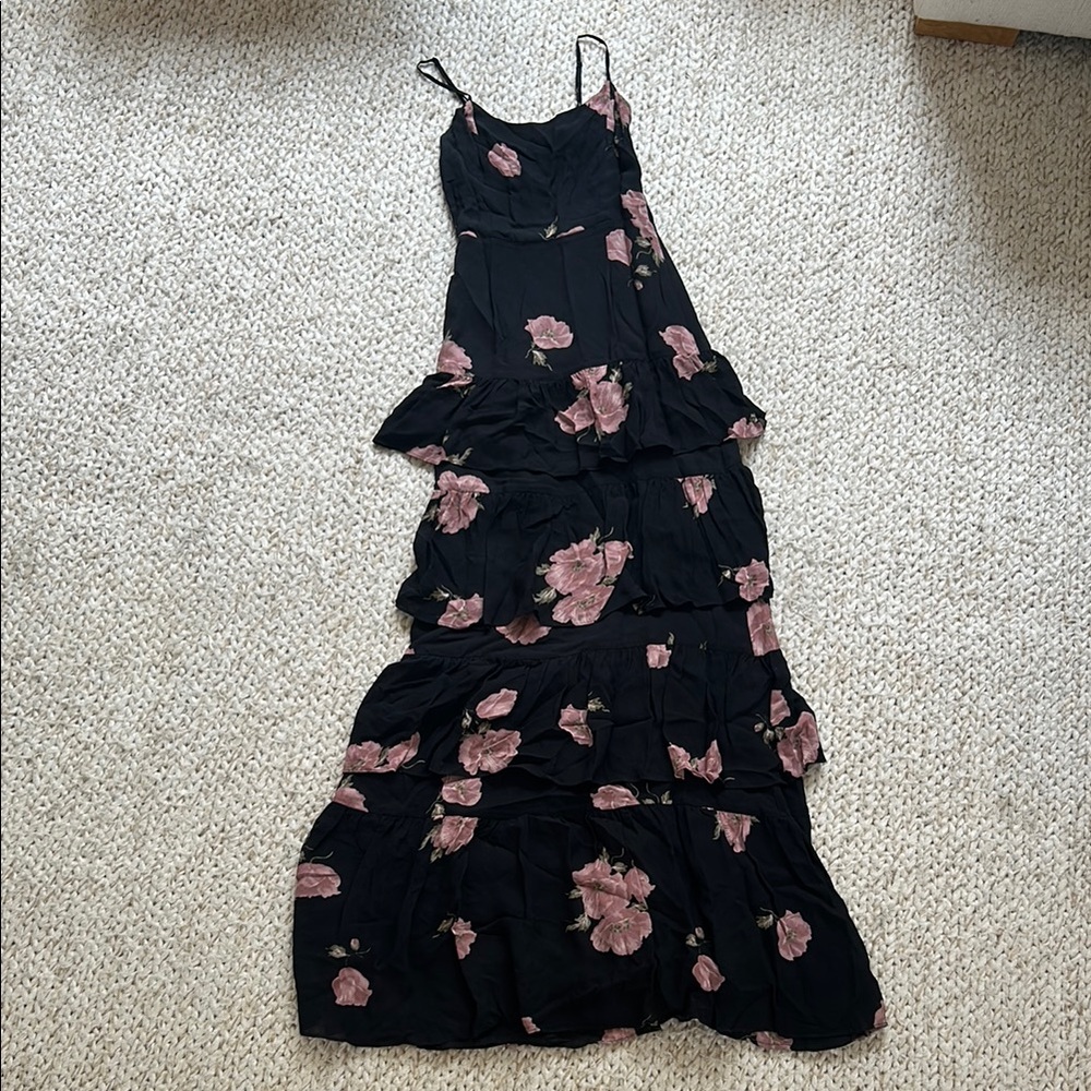 Reformation Black Maxi Dress with Pink Floral Design